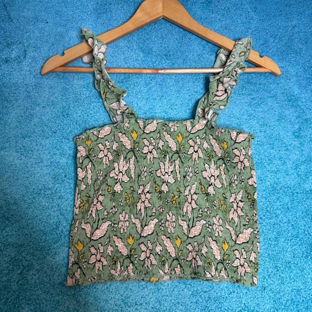 Aerie Womens Jungle Thrills Smocked Crop Tank Top Size S Green Flowers Ruffles - Picture 9 of 10